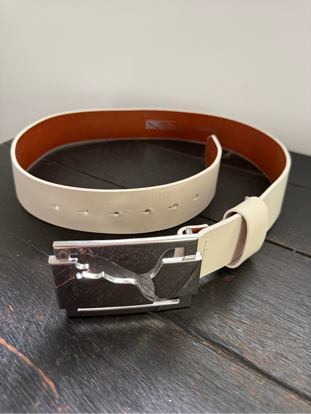 Women’s or Men’s Cream Leather Belt with Silver Puma Buckle